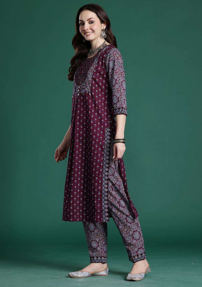 Maroon Printed Cotton A Line Kurta Set - Indya
