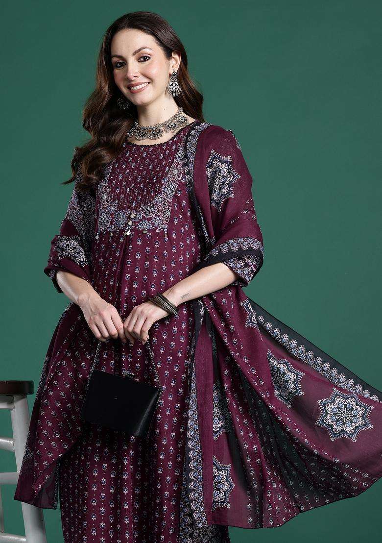 Maroon Printed Cotton A Line Kurta Set - Indya