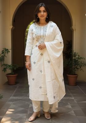 Off White Embroidery Cotton Kurta Set