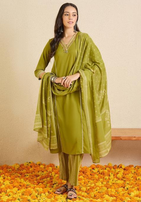 Green Embroidery Cotton Kurta Set