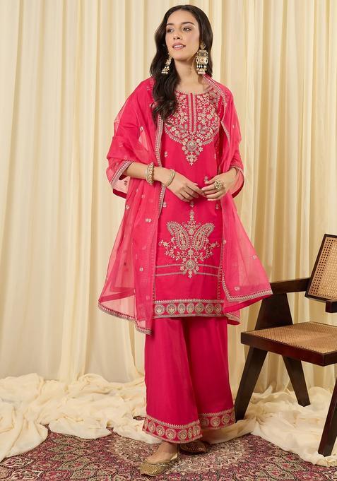 Pink Embroidery Silk Blend Kurta Set