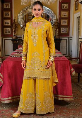 Yellow Embroidered Chinon Sharara Set