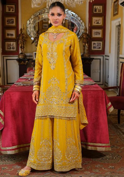 Yellow Embroidery Chinnon Kurta Set