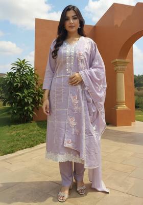 Lavender Embroidery Cotton Kurta Set
