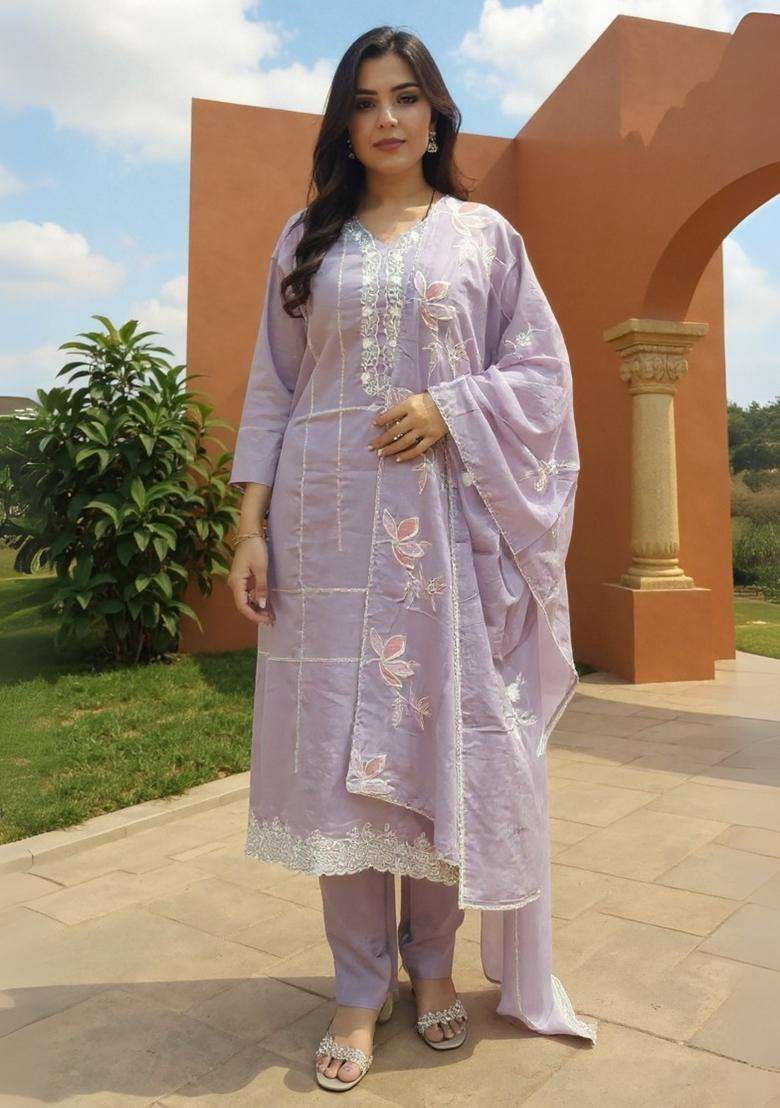 Lavender Embroidered Cotton Straight Kurta Set - Indya