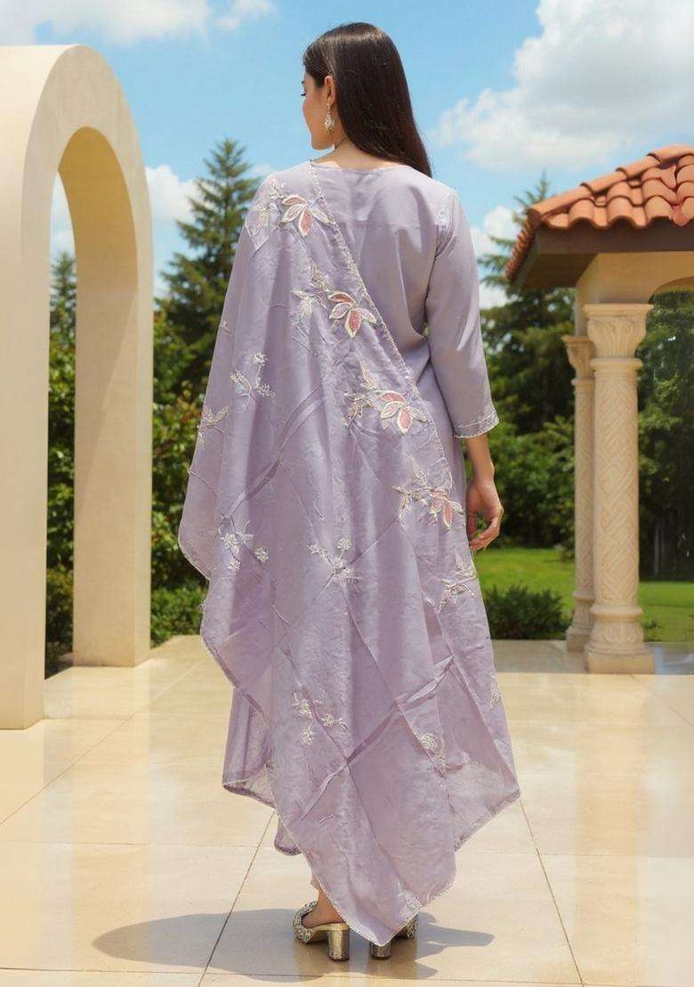 Lavender Embroidered Cotton Straight Kurta Set - Indya