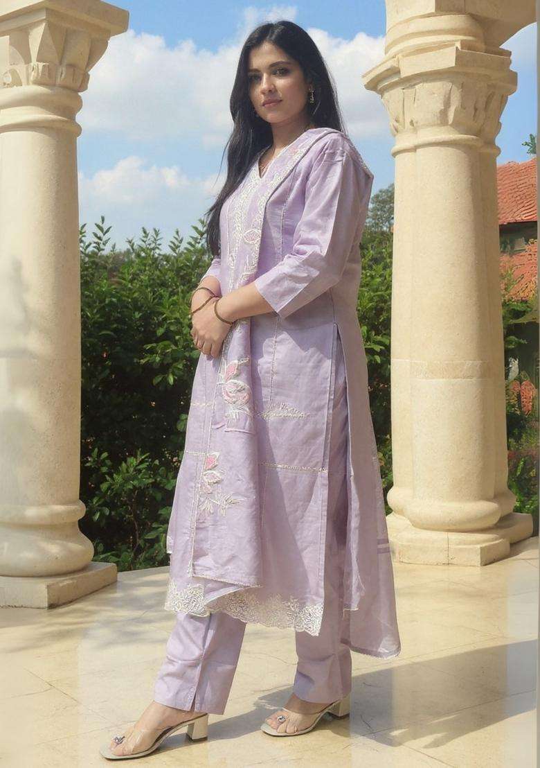 Lavender Embroidered Cotton Straight Kurta Set - Indya