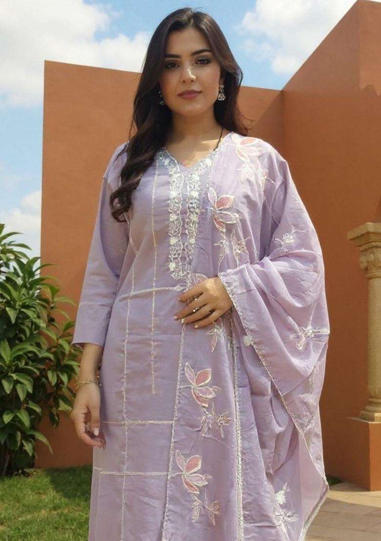 Lavender Embroidered Cotton Straight Kurta Set - Indya