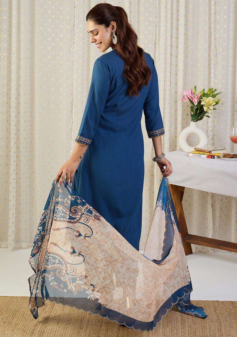 Blue Embroidered Rayon Pakistani Suit Set - Indya