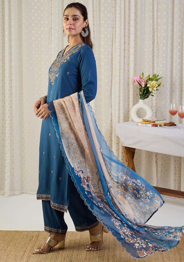 Blue Embroidered Rayon Pakistani Suit Set - Indya