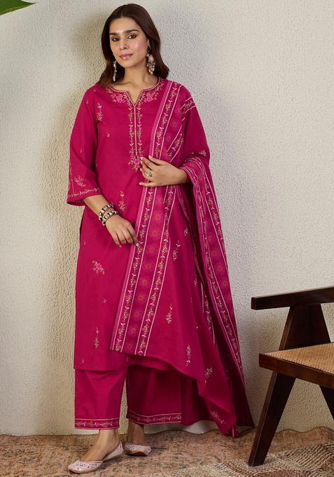 Pink Embroidery Cotton Kurta Set