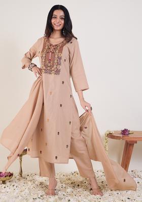 Beige Embroidery Silk Blend Kurta Set
