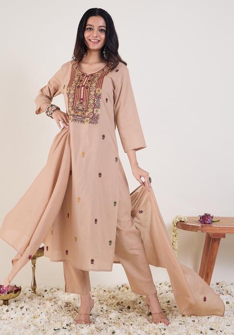 Beige Embroidery Silk Blend Kurta Set