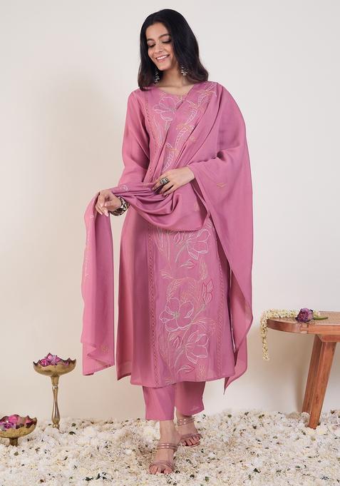 Pink Embroidery Silk Blend Kurta Set