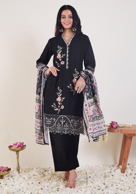 Black Embroidery Cotton Kurta Set