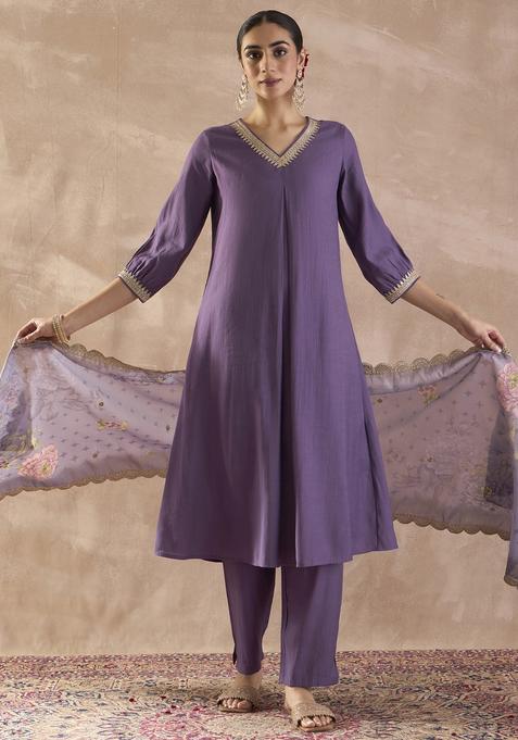 Purple Embroidery Silk Blend Kurta Set