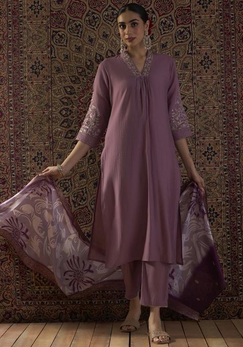 Lavender Embroidery Silk Blend Kurta Set