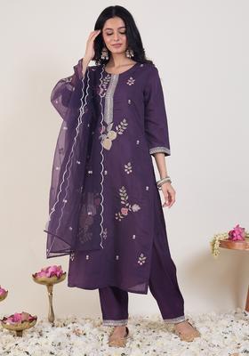 Purple Embroidery Silk Blend Kurta Set