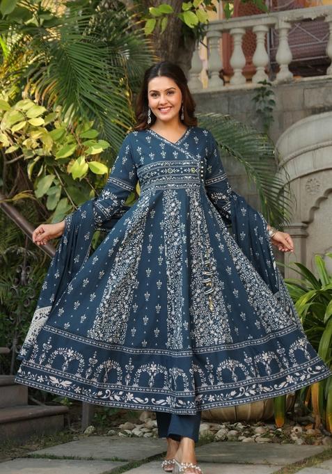 Teal Embroidery Cotton Kurta Set