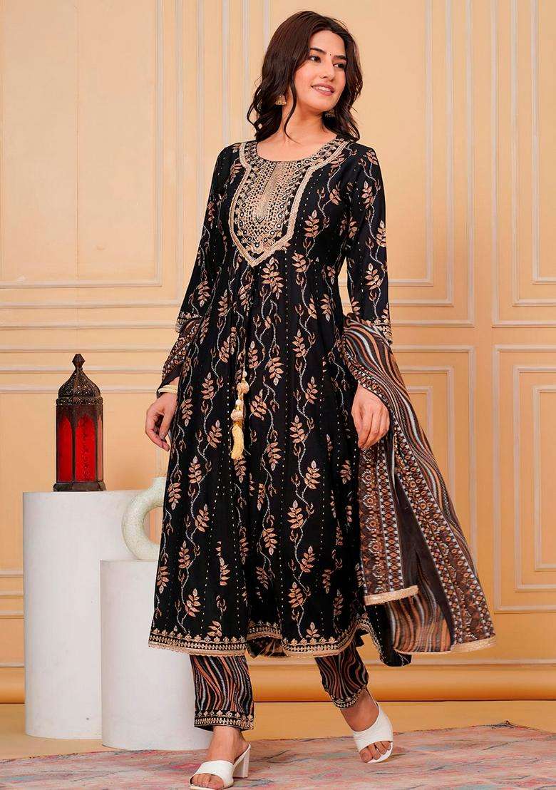 Black Printed Rayon Anarkali Set - Indya