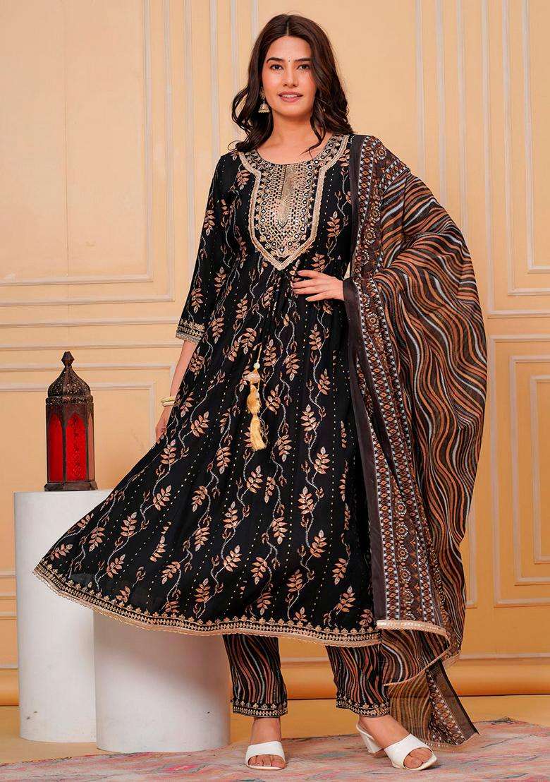 Black Printed Rayon Anarkali Set - Indya