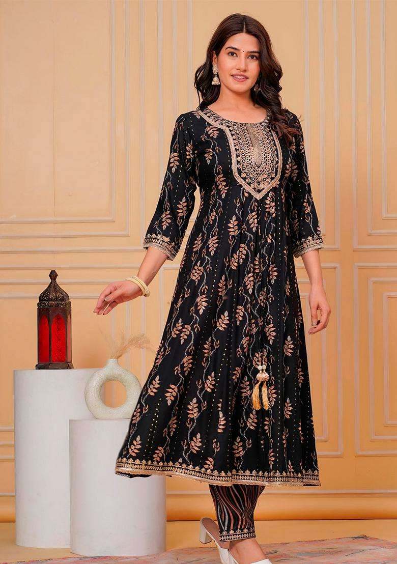 Black Printed Rayon Anarkali Set - Indya