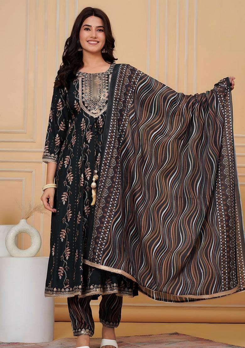 Green Printed Rayon A Line Kurta Set - Indya