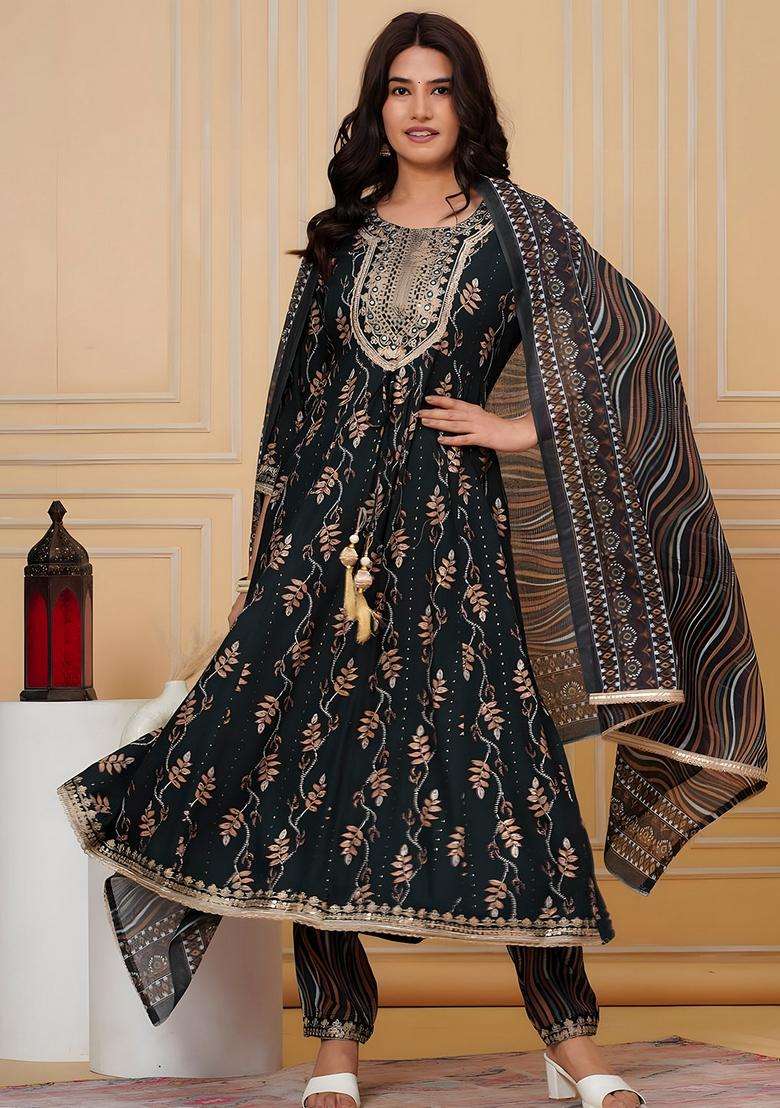 Green Printed Rayon A Line Kurta Set - Indya