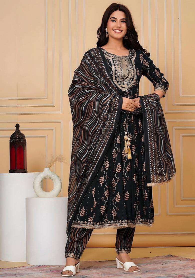 Green Printed Rayon A Line Kurta Set - Indya