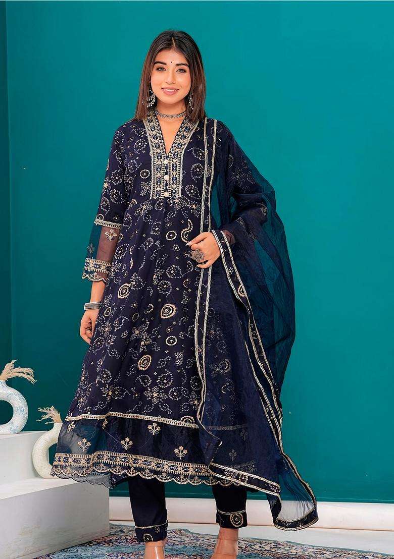 Navy Blue Embroidered Rayon Anarkali Set - Indya