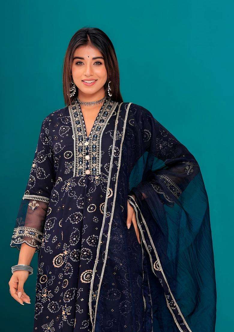 Navy Blue Embroidered Rayon Anarkali Set - Indya