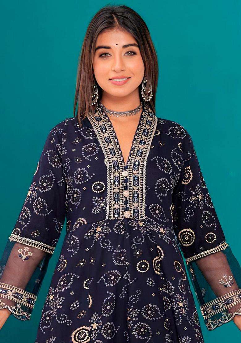 Navy Blue Embroidered Rayon Anarkali Set - Indya