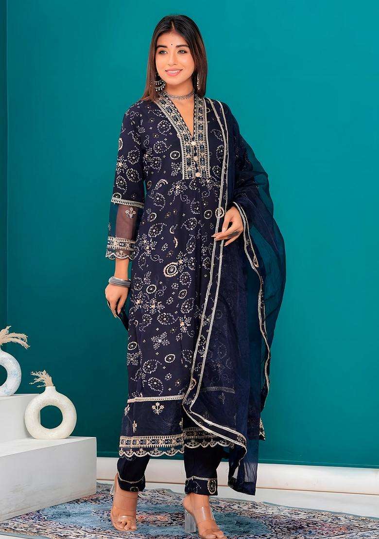 Navy Blue Embroidered Rayon Anarkali Set - Indya
