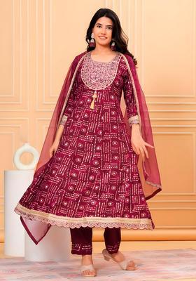 Purple Embroidery Rayon Kurta Set