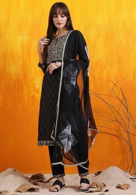 Black Embroidered Cotton Straight Kurta Set