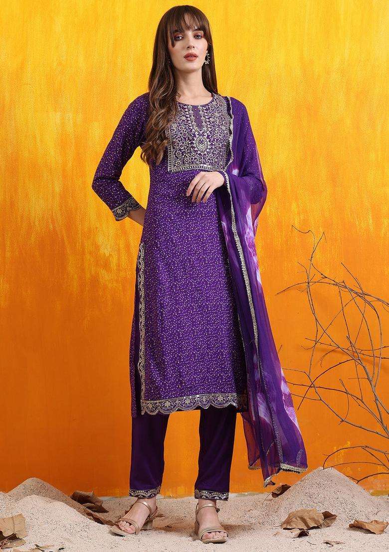 Purple Embroidered Cotton Pakistani Suit Set - Indya