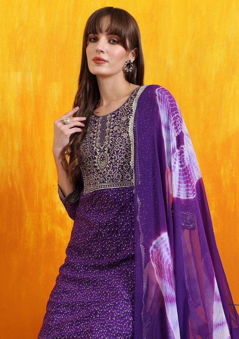 Purple Embroidered Cotton Pakistani Suit Set - Indya