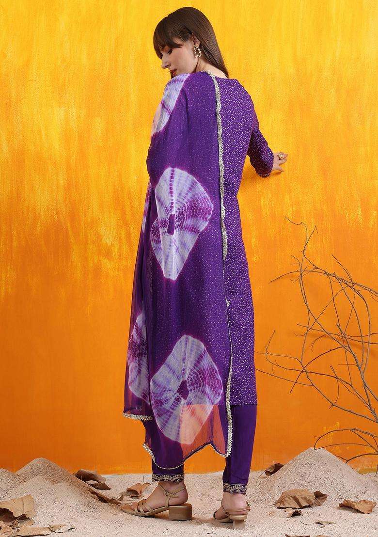 Purple Embroidered Cotton Pakistani Suit Set - Indya