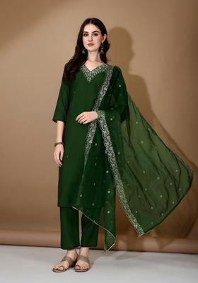Green Embroidery Chanderi Kurta Set