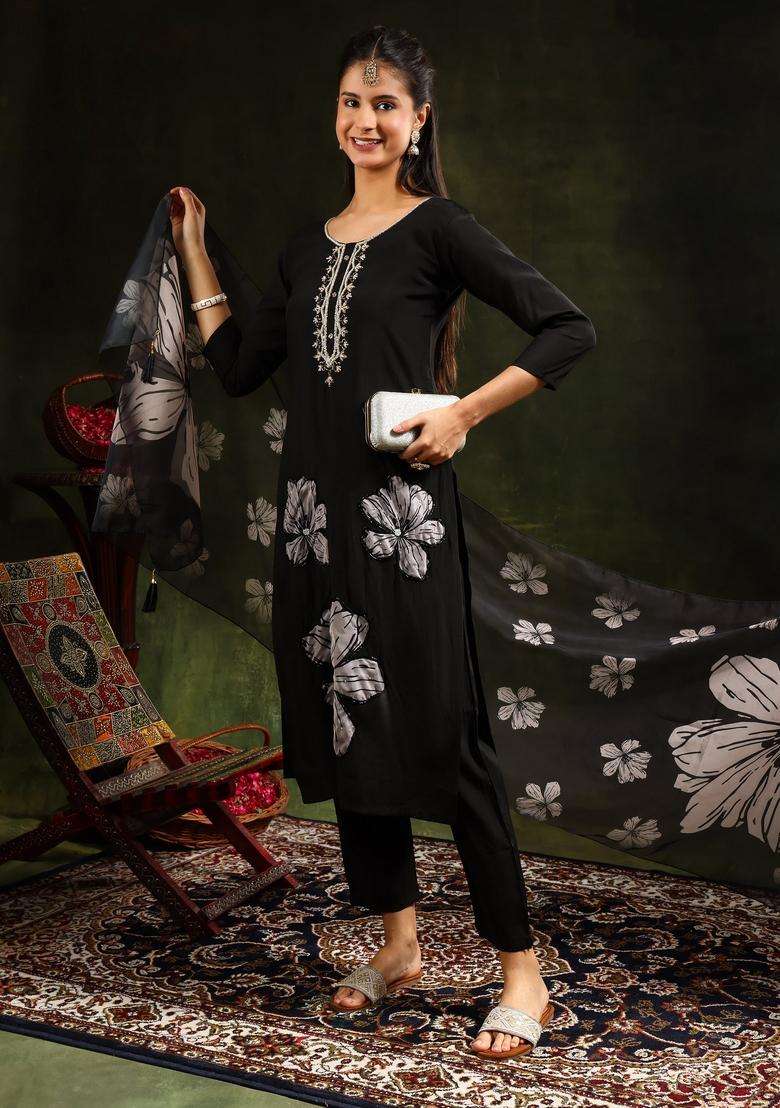 Black Embroidered Chanderi Straight Kurta Set - Indya