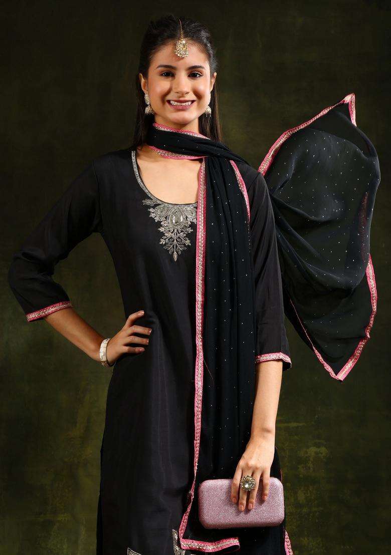 Black Embroidered Chanderi Straight Kurta Set - Indya