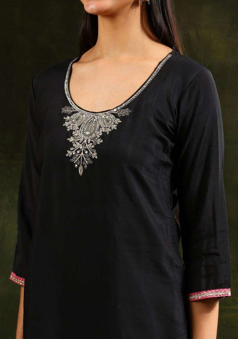 Black Embroidered Chanderi Straight Kurta Set - Indya