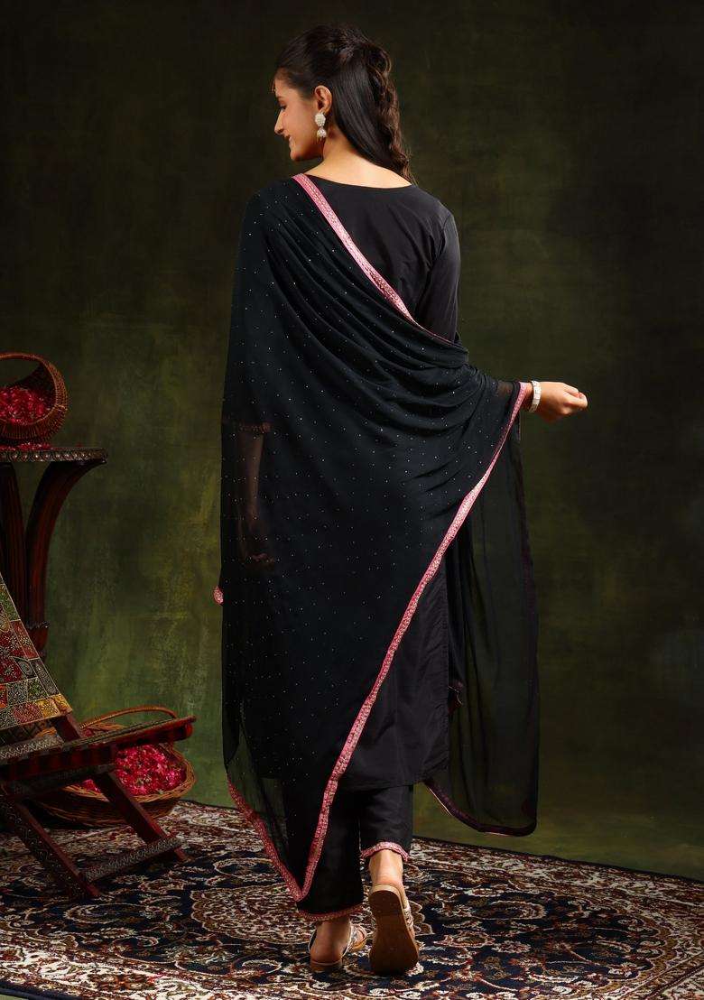 Black Embroidered Chanderi Straight Kurta Set - Indya