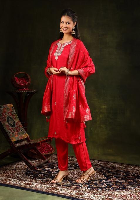 Red Embroidery Silk Kurta Set