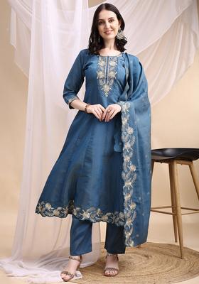 Blue Embroidery Silk Kurta Set