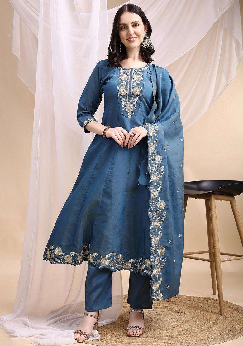 Blue Embroidered Silk A Line Kurta Set - Indya