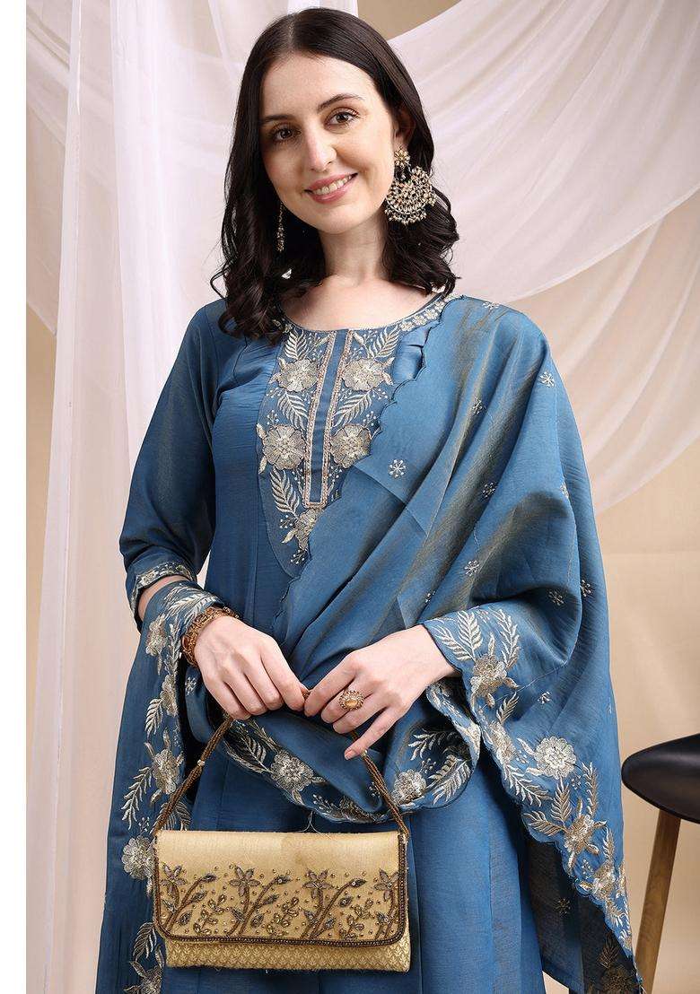 Blue Embroidered Silk A Line Kurta Set - Indya