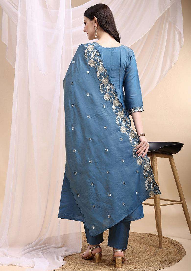 Blue Embroidered Silk A Line Kurta Set - Indya