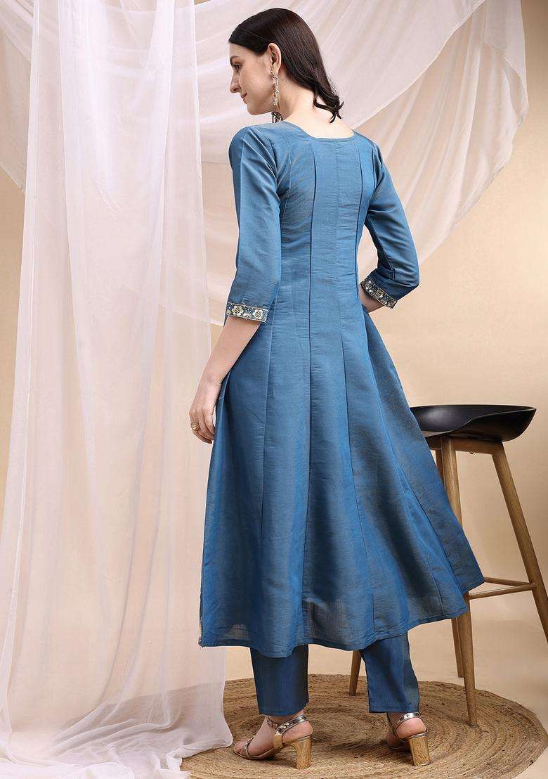 Blue Embroidered Silk A Line Kurta Set - Indya