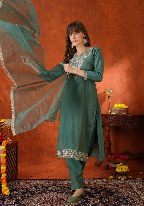 Green Embroidery Chanderi Kurta Set